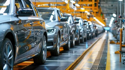 Photo of automobile production line. Welding car body. Modern car assembly plant. Auto industry. High-tech factory