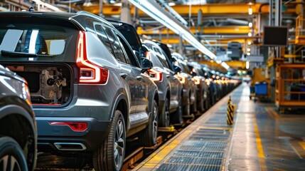 Photo of automobile production line. Welding car body. Modern car assembly plant. Auto industry. High-tech factory