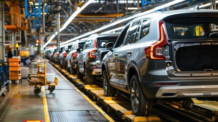 Photo of automobile production line. Welding car body. Modern car assembly plant. Auto industry. High-tech factory