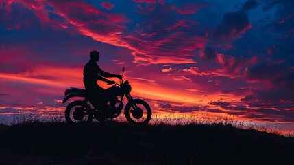 A lone motorcyclist sits on their bike, silhouetted against a vibrant sunset. The scene captures a moment of peace and contemplation. Generative AI