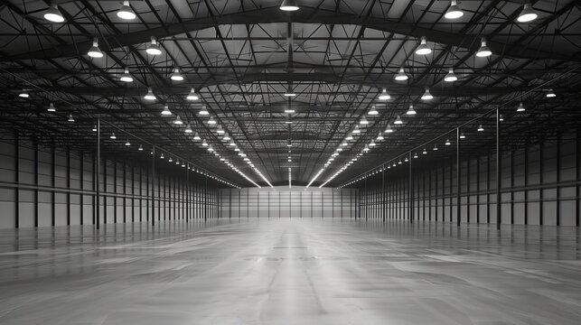 A cavernous, empty warehouse with towering ceilings is starkly lit by a grid of overhead lamps.