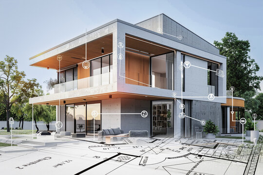 Projet de construction d'une maison d'habitation moderne d'architecte sous forme d'esquisse avec plan