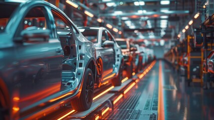 Photo of automobile production line. Welding car body. Modern car assembly plant. Auto industry. High-tech factory
