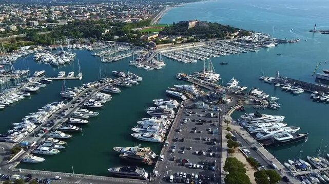 Port Vauban Marina, large, prestigious quay, Mediterranean Sea, aerial