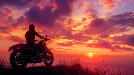 A lone motorcyclist sits on their bike, taking in the stunning sunset over a distant landscape. The warm hues of the sky create a peaceful and dramatic scene. Generative AI