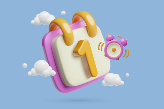 Day 1 calendar 3d icon with alarm clock. Vector first date of the month, business appointment reminder background. 