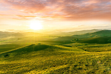 Obraz premium spring green field landscape in beautiful countryside with green and yellow grass, rural hills and amazing cloudy sky on background. Agriculture landscape with rural view