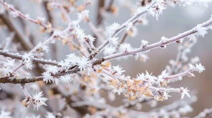Frost-covered branches create a delicate and beautiful winter scene. The icy details and snow-covered twigs evoke the serene and cold atmosphere of a winter wonderland.