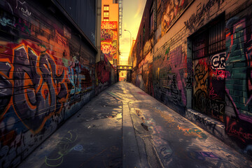 Fototapeta premium Vibrant street art in urban alleys, A street after rainy 