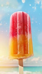 Bright colorful popsicle against a sunny beach backdrop, evoking summer vibes, cool refreshment, and beach relaxation.