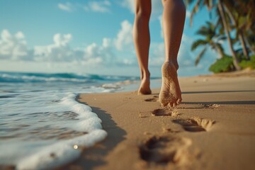 Sexy woman running at the sandy beach by the ocean at the tropical island. Ai generative