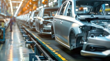 Fototapeta premium Photo of automobile production line. Welding car body. Modern car assembly plant. Auto industry. High-tech factory