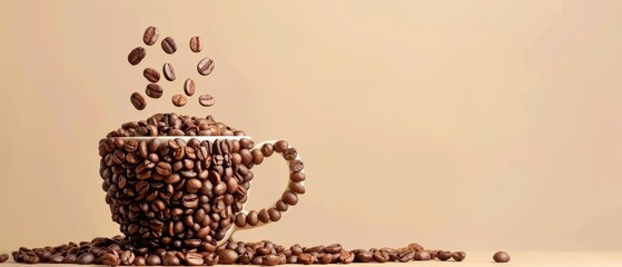 Creative coffee cup designed from assorted coffee beans, placed on a simple backdrop, ideal for text overlay