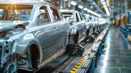 Photo of automobile production line. Welding car body. Modern car assembly plant. Auto industry. High-tech factory