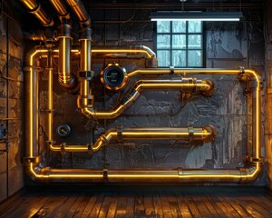 A detailed illustration of a luminous heating system's pipes arrangement, showcasing the layout and design for efficient heating distribution in a modern building