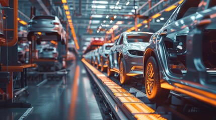Photo of automobile production line. Welding car body. Modern car assembly plant. Auto industry. High-tech factory