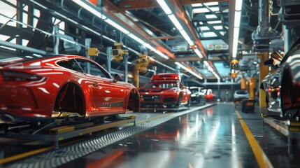 Naklejka premium Photo of automobile production line. Welding car body. Modern car assembly plant. Auto industry. High-tech factory