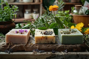 A bunch of soaps sitting on top of a wooden table