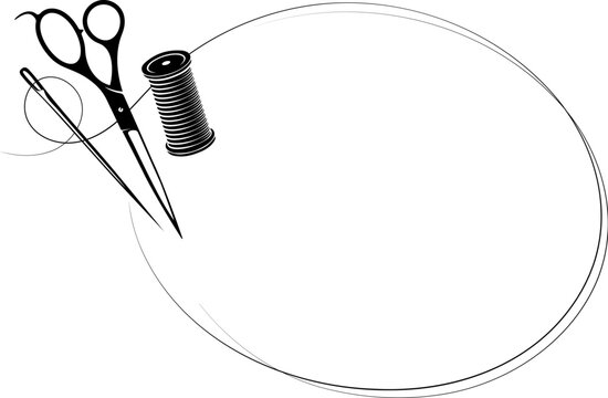 Sign frame with needle and thread, scissors and spool