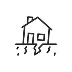 House damaged by earthquake, linear style icon. House with cracks and shifted foundation, earthquake damage. Editable stroke width.