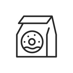 Donut in a bag, linear style icon. A bag with a donut, food delivery and takeaway services. Editable stroke width.