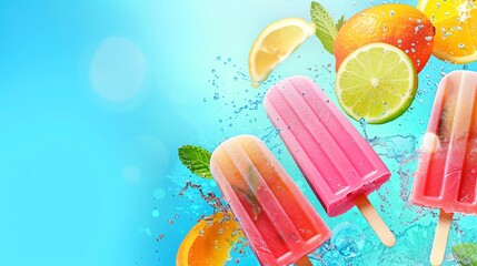 Colorful popsicles next to slices of citrus fruits with splashes of water against a blue background, evoking refreshing summer vibes.