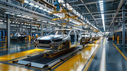Fototapeta premium Photo of automobile production line. Welding car body. Modern car assembly plant. Auto industry. High-tech factory