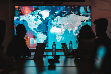 Business people discussing global strategy in front of digital world map,
Concept of international collaboration people from different countries working together around world


