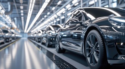 Fototapeta premium Photo of automobile production line. Welding car body. Modern car assembly plant. Auto industry. High-tech factory