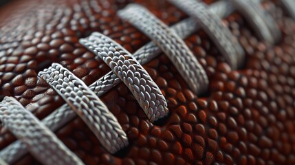 Detailed close-up of an American football with white lacing and stripes, showcasing the textured brown surface, dramatic lighting, realistic shadows