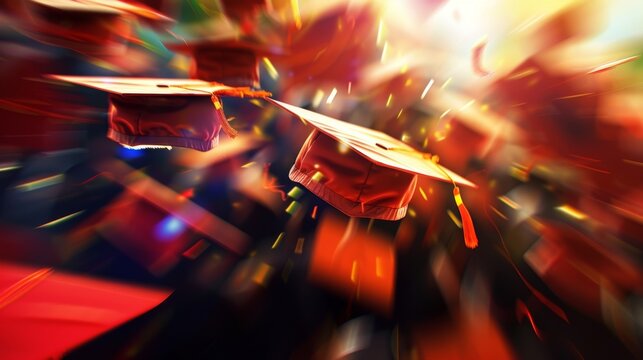 Graduation caps and gowns creating an abstract blur of school pride and accomplishment.