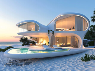 a white house with a pool on the beach