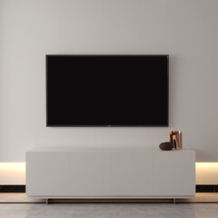 Modern design living room interior and tv and cabinet decor on white wall pattern background. 3d...