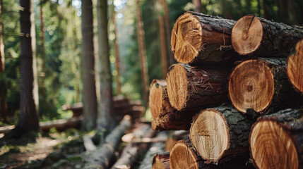 Stack of Cut Timber Logs in Forest