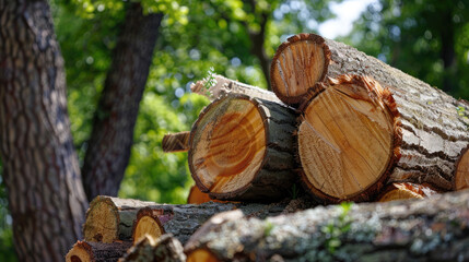 Stack of Cut Timber Logs in Forest