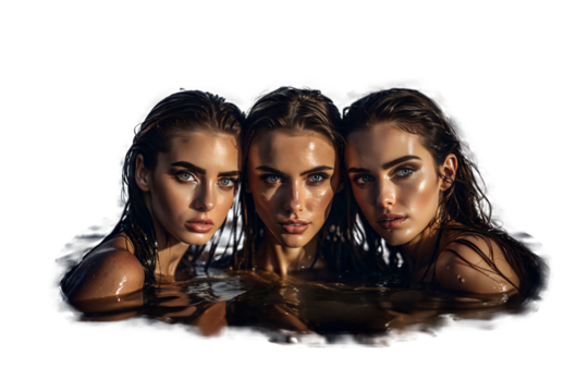 Three wet naked seductive caucasian girls are looking at camera you on a tropical ocean summer beach. White isolated transparent background. Cut-out.
