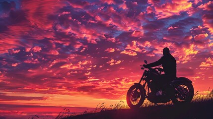 Fototapeta premium A solitary motorcyclist sits on their motorcycle, silhouetted against a vibrant sunset sky. The scene is peaceful and contemplative, capturing the beauty of the evening light. Generative AI