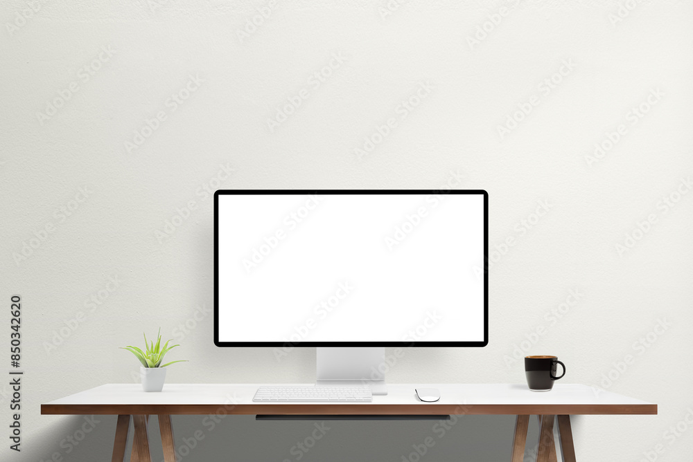 Leinwandbilder White screen on modern computer display on work desk. Mockup for agency web page or app presentation. Ideal for showcasing digital designs and professional portfolio