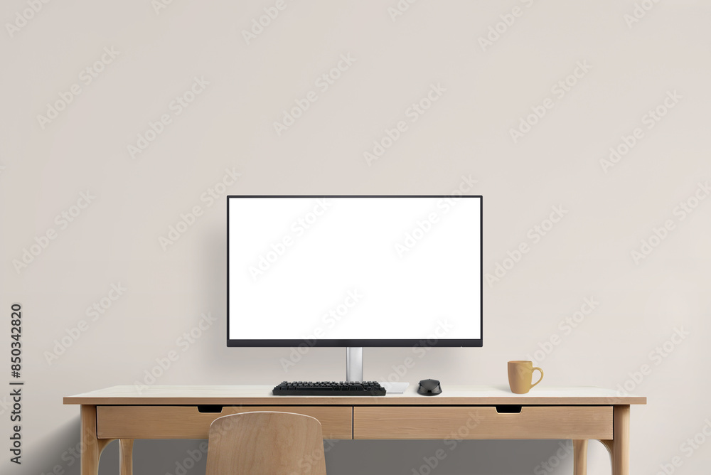 Poster Creative workspace with computer display mockup on work desk. Ideal for showcasing designs and professional presentations in a modern, inspiring environment