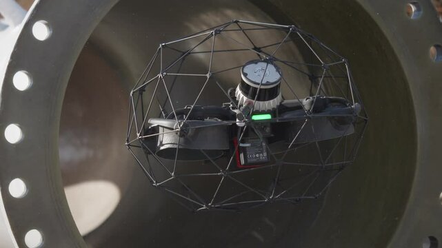 Industrial drone camera visually inspects confined pipe interior 