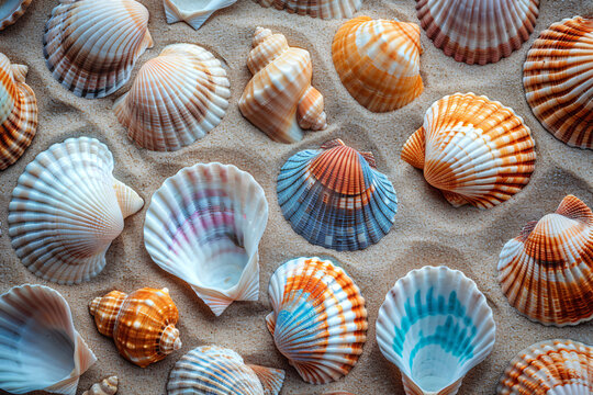 a group of colorful seashells on sand