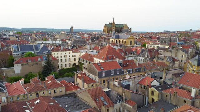 Medieval Townscape With Saint Stephen Catholic Diocese Cathedral In Metz, France. Aerial Drone Shot