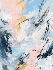 Abstract modern painting using a palette of blue, pink, white, grey and gold colors. Energetic brush strokes give texture to this art piece