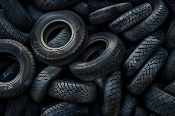 In the auto service store a perspective row of stack shelves with newly placed,
View from a vantage point of a stack of black auto tires and big copy space