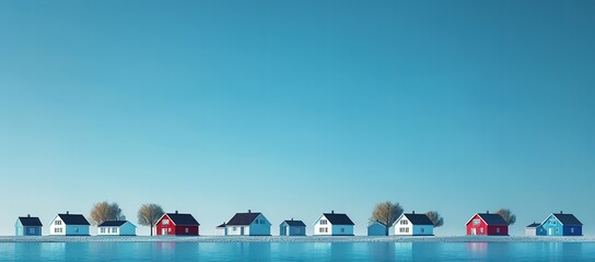 rows of miniature houses in various colors against a blue sky background
