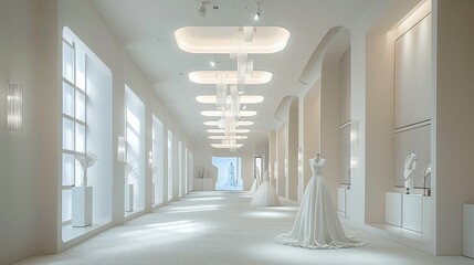 Obraz premium A white space with a large model of the wedding dress on display, The walls have square windows that can see outside. There is carpeting underfoot. Modern minimalist style. Generative AI.
