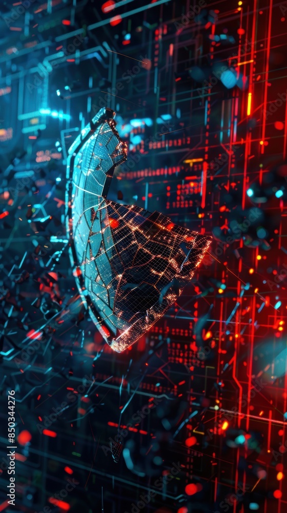 Aufkleber shattered digital shield in cyberspace with glowing fragments and intricate circuitry against a back