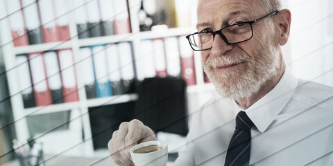 Businessman having coffee break, geometric pattern