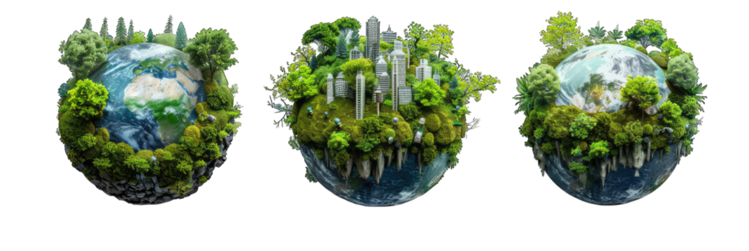 Three miniature planets earth depict varying urbanization levels, showing human impact on the environment. From natural to cityscape, they highlight progress vs preservation balance