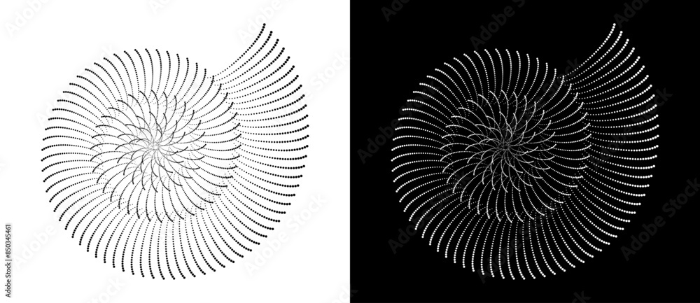 Poster Halftone dots in spiral. Modern abstract background. Design element or icon, logo. Black shape on a white background and the same white shape on the black side.